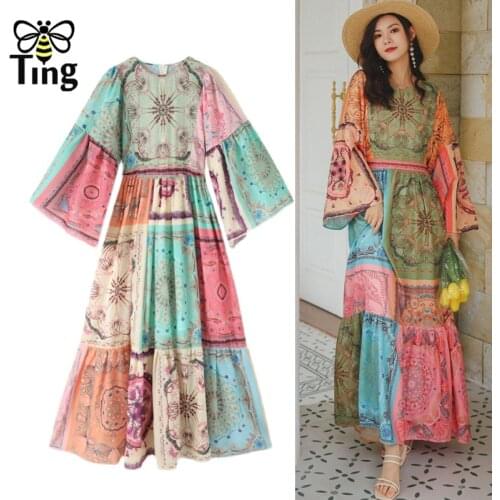 Tingfly Vintage Elegant Color Hit Patchwork Maxi Long Dress Boho Fashion Casual Beach Vacation Vestidos Loose Women Clothes Za