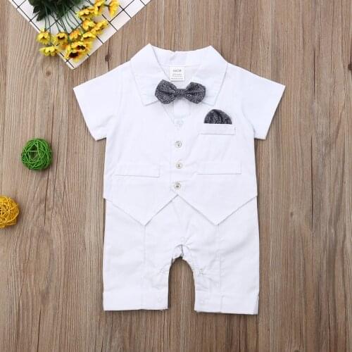 Newborn Baby Boy Short Sleeve Cotton Gentleman Bowtie Jumpsuit Bodysuit Denim Party Outfits Set 3-24M