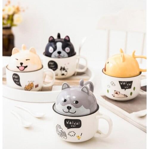 500ML Ceramic Cute Cartoon Dog Cat Pig Coffee Tea Juice Mug Water Breakfast Milk Cup With Lid Spoon Couple Friends Cup Drinkware
