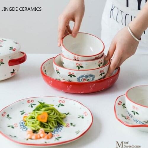 1pcs Ceramic hand-painted cherry dinner plate service dish disc western steak disc kitchen board wedding tableware set