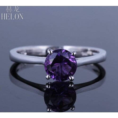 HELON Solid 14K White Gold Flawless Round 6.5mm Genuine Natural Amethyst Engagement Wedding Ring Women Fine Jewelry Ring Gift