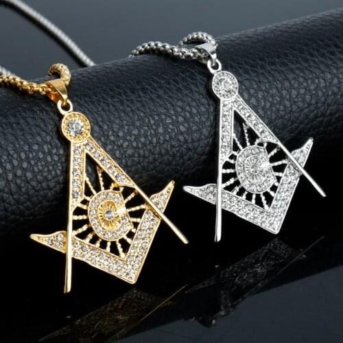 MQCHUN HIP Hop Gold Silve Color Freemason Masonic Necklaces Bling Compass G Pendants Crystal Jewelry Gift For Men Women 2017