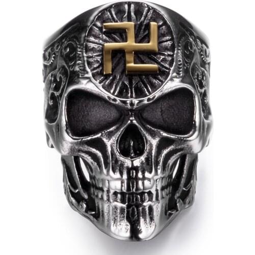 Punk Vintage Faith Buddhist Swastika Sign Skull Skeleton Rings For Men Anniversary Gold Male Buddhism Ghost Head Ring