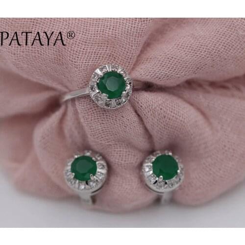 PATAYA New Arrivals Green Round Natural Zirconia Earrings Ring Sets Women Romantic Wedding Party Jewelry True White Gold Jewelry