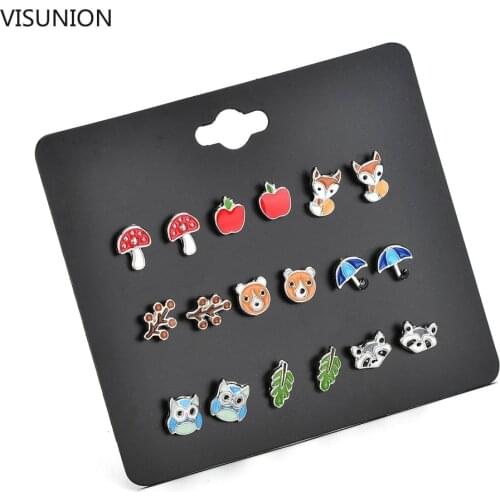 9 Pairs/set Cute Fruit Animal Stud Earrings Set For Children Women Cute Fox Frog Turtle Bear Owl Stud Umbrella Leaf Earrings
