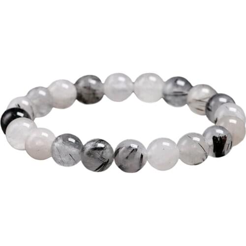 Natural Black Tourmalinated Quartz Healing Bracelet Women Men Wrist Mala Beads Protection Emotional Balance Anxiety Relief Gift