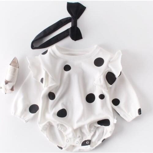 New Cotton Baby Girl Clothes 2 Piece Dot Print Flying Long Sleeve Baby Girl Bodysuit+bow Headband Fall Winter Baby Romper 0-18M