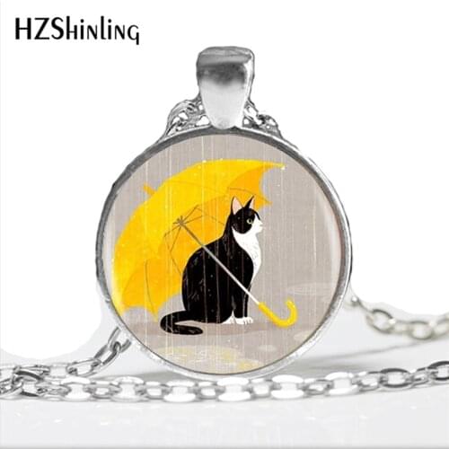 2017 New Arrival Cat In The Rain Necklace Handmade Round Cat and Umbrella Jewelry Glass Dome Animal Jewelry Rain Pendant HZ1