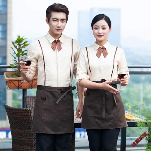 Western Restaurant Work Uniform Autumn/Winter Long Sleeve Waiter Tie Shirt+Apron Set Cake Shop Waitress Workwear Free Shipping