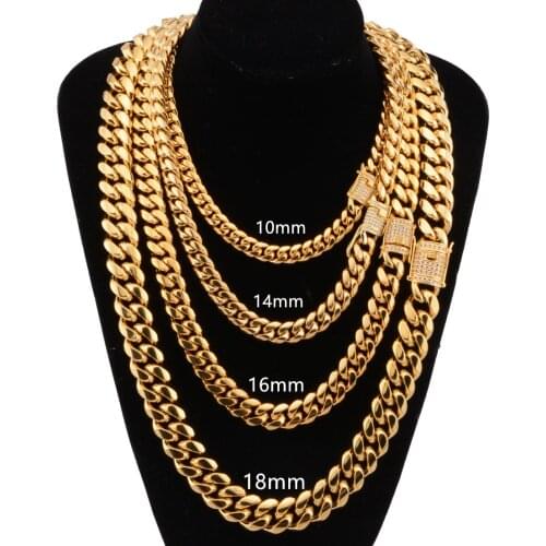 Mens Cuban Link Chain Necklace Gold Stainless Steel Choker With High Quality Ziron Stone 8/10/12/14/16/18mm 7-40inch