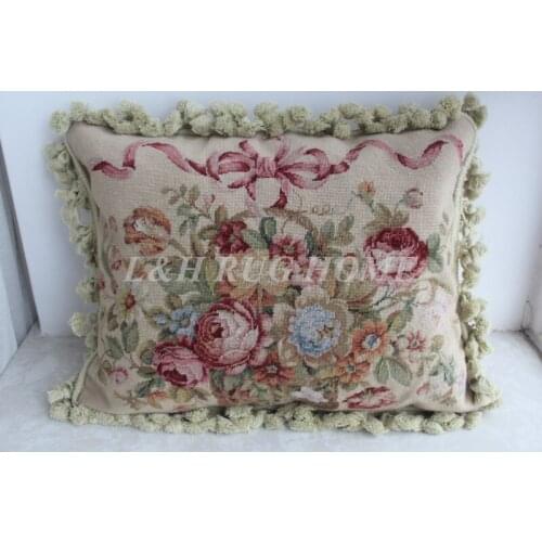 FREE SHIPPING 15K 16"x20" Needlepoint pillow, handknotted cushion with floral designs no insertion