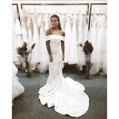 Simple Long Mermaid Wedding Dresses Off Shoulder Boat Neck Cowl Back Elegant Sweep Train Wedding Gowns Custom Made