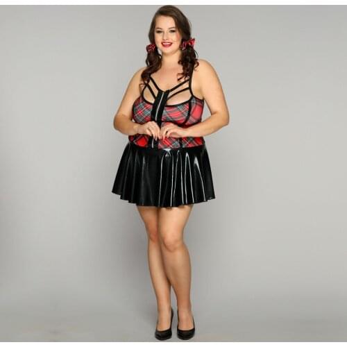 XXL Size Sexy Erotic Student Lingerie Cosplay Costume Anime School Girl Black & Red Lattice Uniform Outfit Large Size For Women