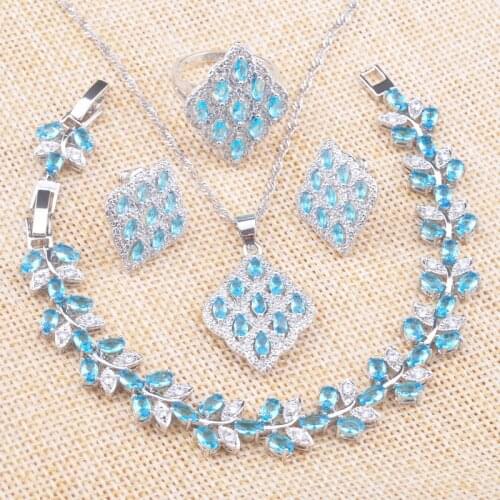 Silver Color Jewelry Sets For Women Wedding 2020 Luxury Blue Crystal Earrings Rings Bracelet Necklace christmas gifts Z0735