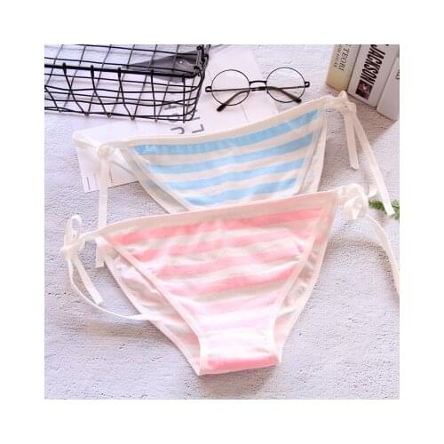 Cute Underwear Women Japan Lace Up Cotton Panties Funny Blue white stripe Briefs Female Lingerie