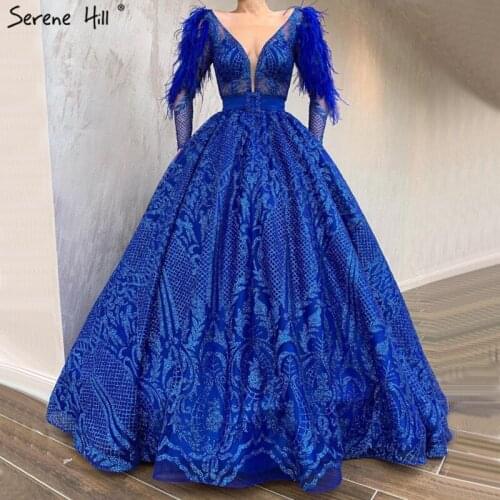 Blue Latest Design Long Sleeves Evening Dresses 2020 Dubai V-Neck Feathers Formal Dress Serene Hill LA70050