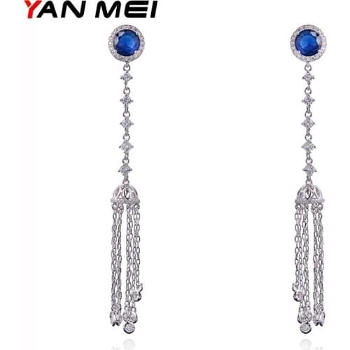 YAN MEI 2017 Lovely Blue Plant Long Tassel White Gold Color AAA CZ Dangle Earrings Luxury Jewelry for Woman GLE5246Y
