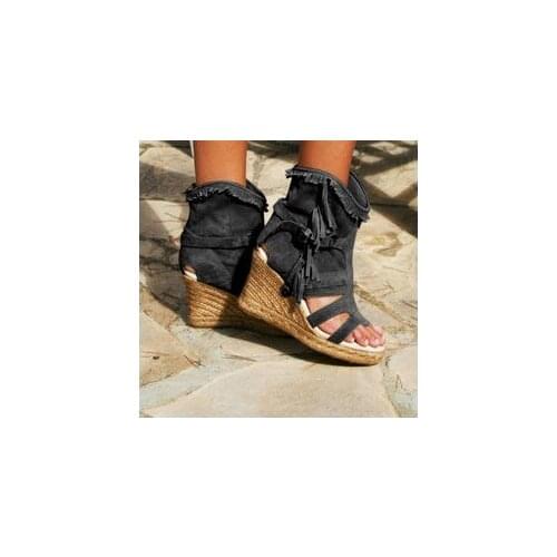 European and American Tassel Grass Woven Slope Heel Women Shoes Wedges Sandals Rome Style Open Toe High Heels Plus Size 43 X7