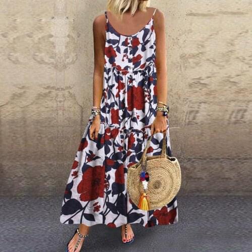 Women Plus Size Dresses Boho Retro Casual Button Loose Sleeveless Plus Size Linen Print Long Maxi Dress Robe Longue 2021 Fashion