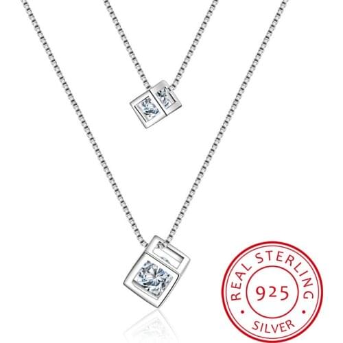 925 Sterling Silver Square Cube Zirconia Choker Statement Necklace For Women Double Layer Pendants & Necklaces S-N209