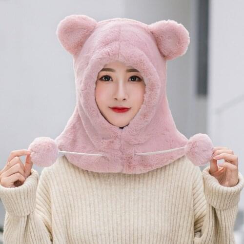 Winter Cute Bear Ears Warm Hat Windproof Neck Scarf Cap Student Women Plus Cashmere Cap
