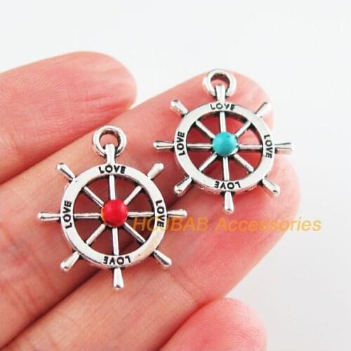 15 New Rudder Charms Tibetan Silver Tone Red & Blue Stone Love Pendants 20x22mm