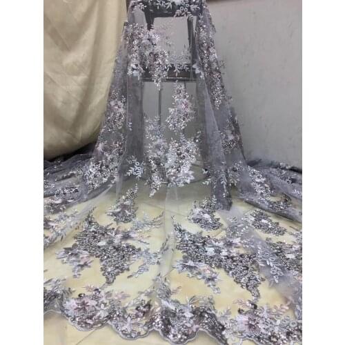 5 colors (5yards/pc) high quality African French net lace grey tulle lace fabric with sequins embroidery for party dress FZX023
