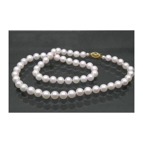 Noble jewelry 7-7.5mm AAA+ round white akoya pearl necklace 14K yellow gold 18"