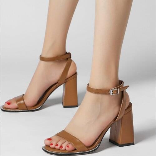 Black White Brown Womens Shoes Faux Leather Fashion Rhinestone Square High Heel Sandals Ladies Summer Open Toe Dress Sandals