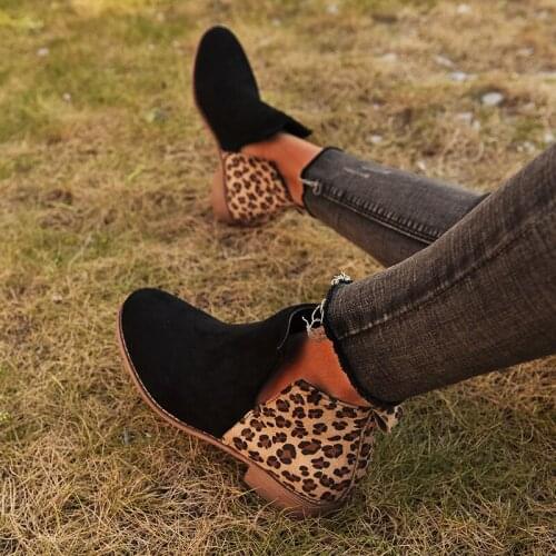 Autumn Ladies Boots Pu Leather Patchwork Flocking Low Heel Ladies Shoes Retro Fashion Ladies Shoes