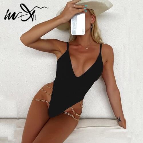 In-X Chain one piece swimsuit women Chain swimwear female Hollow out monokini Solid bathing suit bodysuit beach wear 2021 ribbed