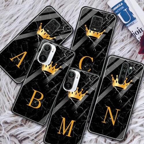 Gold Crown Letter Queen A-N Glass Case For Redmi Note 10 9 9T 9S 8 8T 7 9A 8A K30 K40 Pro Max 5G Silicone Shell Black Cover