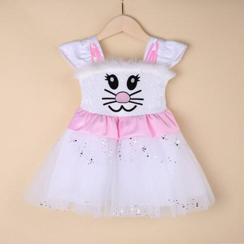 FOCUSNORM Easter Day Princess Infant Kids Girl Dress Cartoon Rabbit Pattern Fly Sleeve Square Collar Sequined Tutu Dress