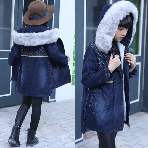 Jeans Jacket For Girls Childrens Coat For Autumn 2021 New Hooded Genuine Fur Collar Plus Velvet Warm Outerwear Kids Clothes