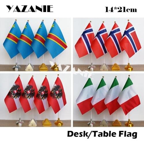 YAZANIE 14*21cm 4PCS Norway Austria Desk Flag Italy Small Hand Flag with Pole & Base Democratic Republic of the Congo Table Flag