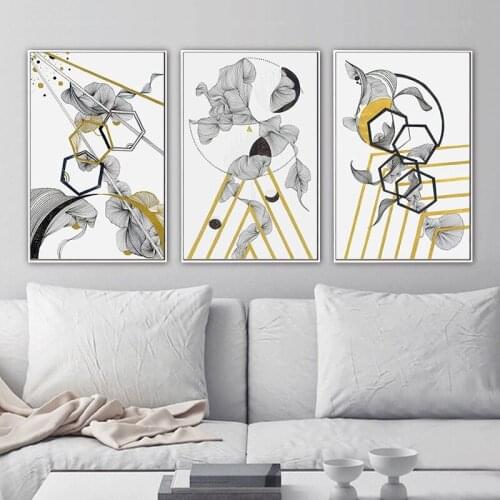 HAOCHU Modern Abstract Black Gold Hexagon Graphic Design Canvas Painting Impressionist Artwork Wall Pictures Home Decor