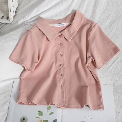 HELIAR Women Button Up T-shirts Slim Button Up Short Sleeve Top Cropped Tops Female Blouse Solid Spring Summer T-Shirts 2021