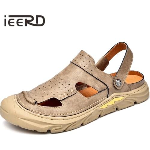 IEERD Summer Genuine Leather Men Sandals Outdoor Casual Beach Sandals Summer Breathable Footwear Large Size Hollow-Out Men Shoes