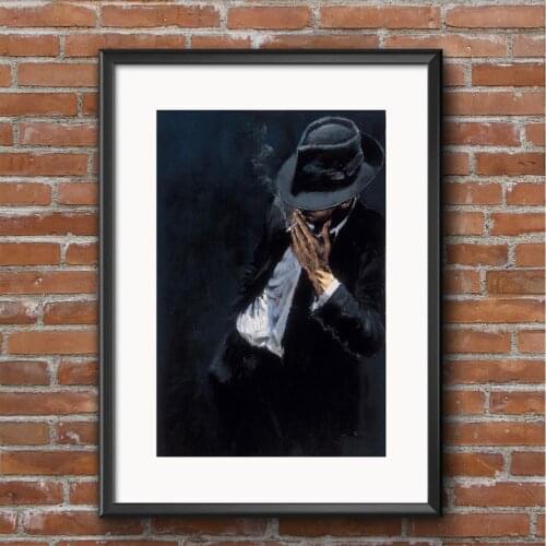 Cool Man Canvas Oil Painting Smoking Man In Black Suit Poster and Prints Painting Wall Pictures for Home Living Room Decoration