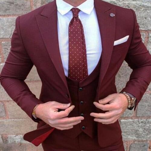 2020 Burgundy Suit Mens Wedding Prom Party Suits One Button Dinner Formal Groom Tuxedos 3 Piece Set (Jacket+Vest+Pants)