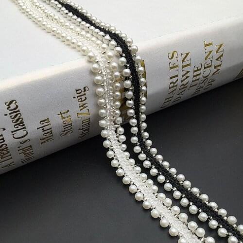 1Yard Black White Beaded Lace Imitation Pearl Trims Wedding Clothing Shoes Hats Collar Ribbons African Lace Sewing Materials