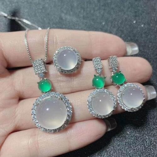 Natural chalcedony female circle complete 925 silver three-piece ethnic style classical elegant gift for mother