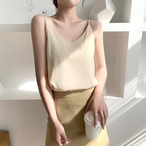 Tanks and Camis Womens Clothing Summer 2021 Woman Basic Spaghetti Strap Tops Korean Solid V Neck Chiffon Sleeveless Camisole