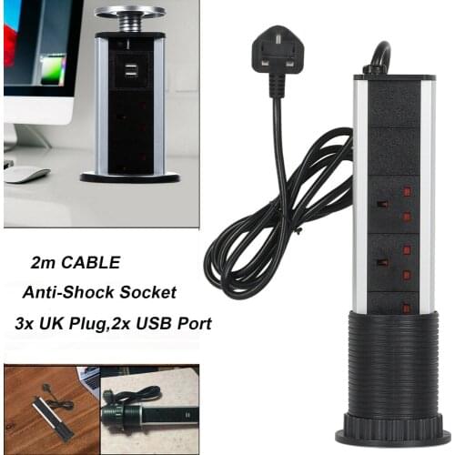 3 Plug Pull Pop Up UK Socket Worktop Charge Port Socket Worktop Retractable Desktop Outlet With 2 USB Ports For Kitchen Bedroom