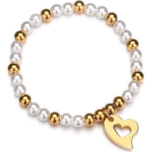 Wholesale Jewelry -- 19-20cm 316L titanium steel Beads Pearl Bracelets For Women Fashion Jewelry Hearts Charms No Fade