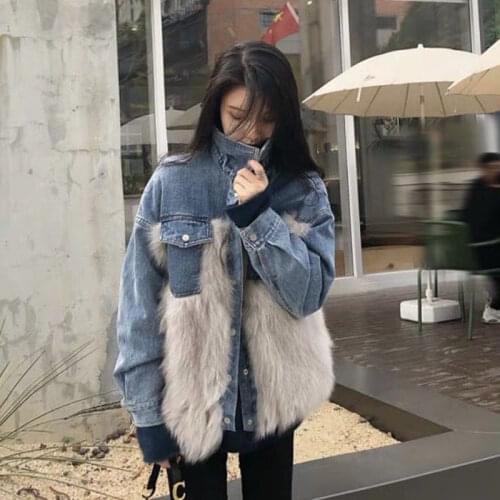 Fur Splicing Denim Jacket Women 2021 Autumn Winter New Korean Fashion Loose Casual All-Match Fried Street Denim Coat Female A509