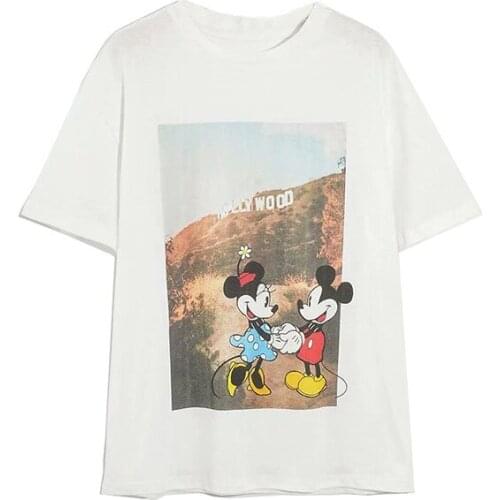 Disney Cartoon mickey mouse Shirts for Women Print Round Neck Short-sleeved Women Fashion Clothing Graphic T-Shirts Harajuku