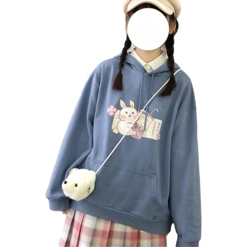 Harajuku Kawaii Bunny Anime Hoodies Women Cute Cartoon Print Long Sleeve Hooded Sweatshirts Teens Soft Girl Graphic Clothes 2021