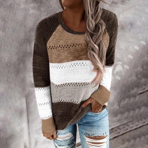 Women Autumn Color Matching Long-sleeved Sweater Knit Pullover O-neck High Elasticity Winter Fashion All-match Tops Blouse 2020