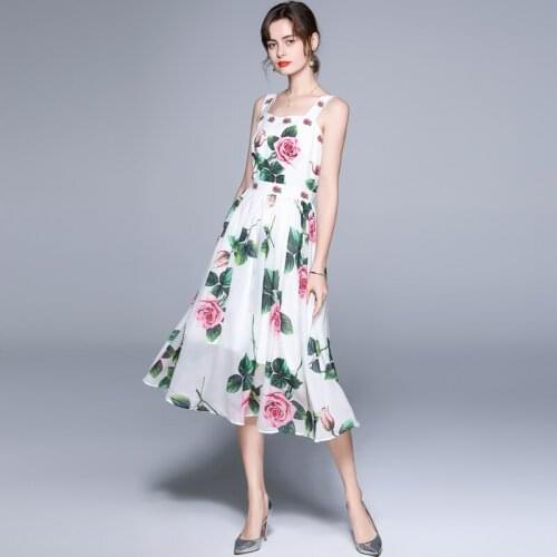 Holiday Rose Floral Printed Spaghetti Strao Dress 2021 Summer Women Slash Neck Backless Boho Beach Chiffon Dresses Vestido k8856